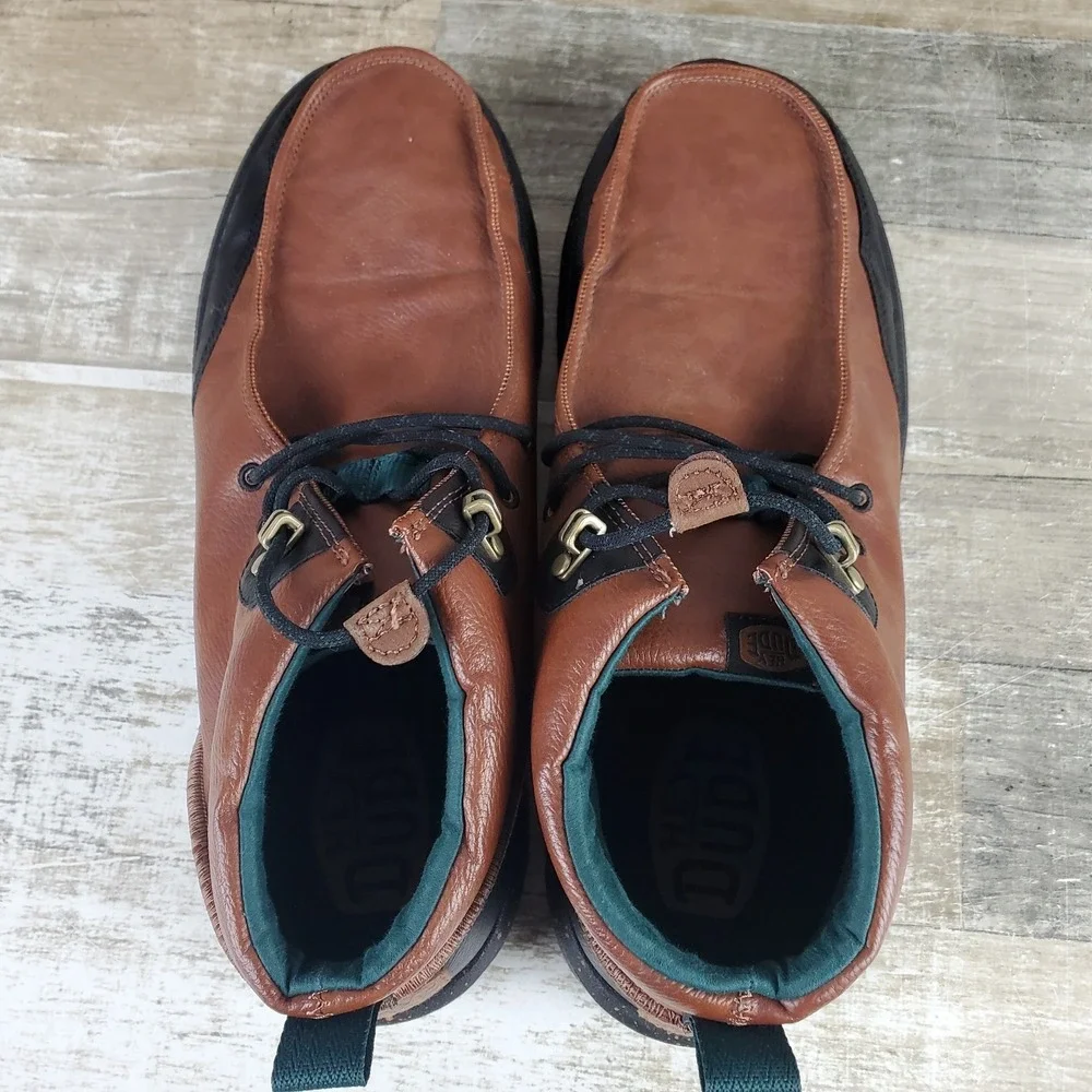 Hey Dude Bradley Mens Chukka Boots Sz 14 M Brown Black Leather Lace Up Mid‎ Top